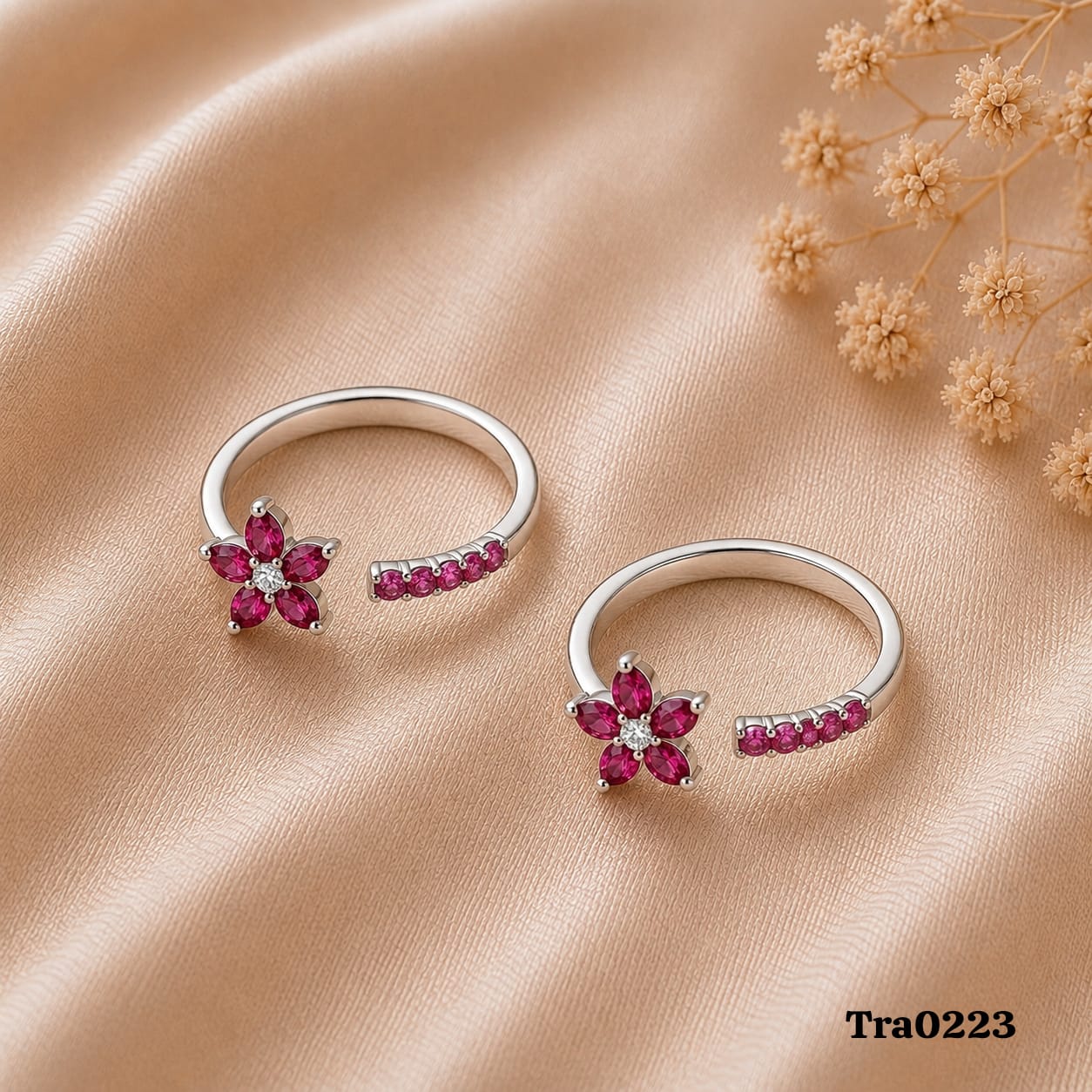 Flower-Shaped Centerpiece Silver Toe Rings - Pink Stone Accent