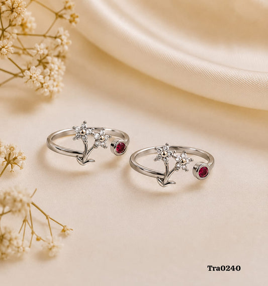 Open band Silver Toe Rings with small, pink circular stone