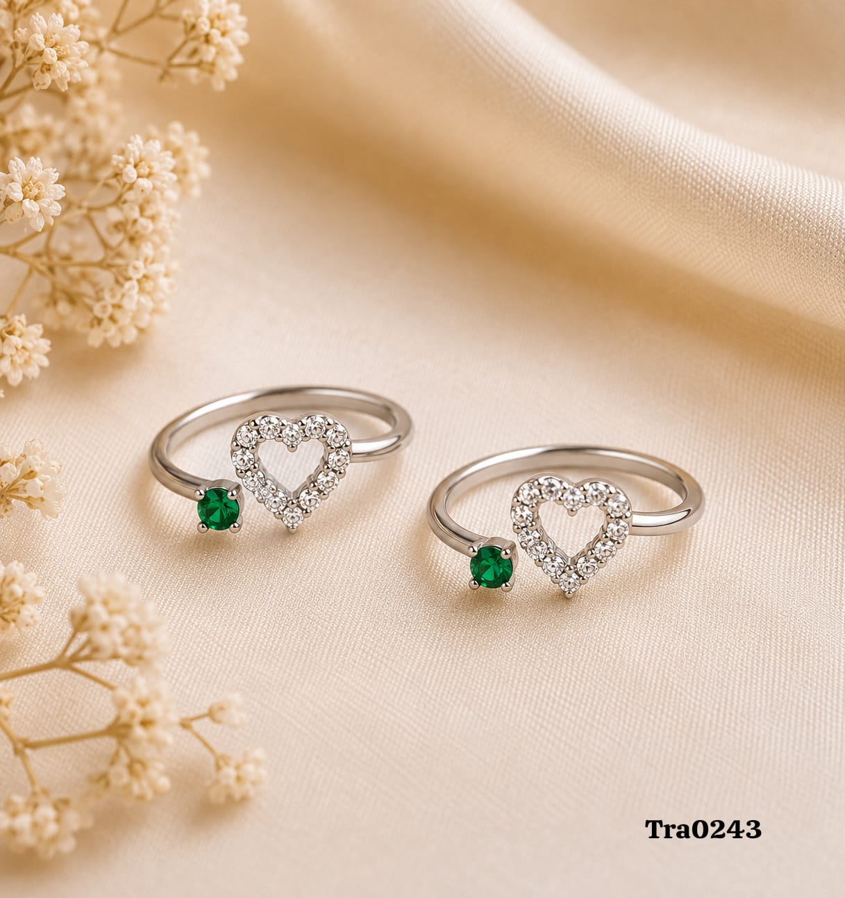 Open band Silver Toe Rings with small, green circular stone