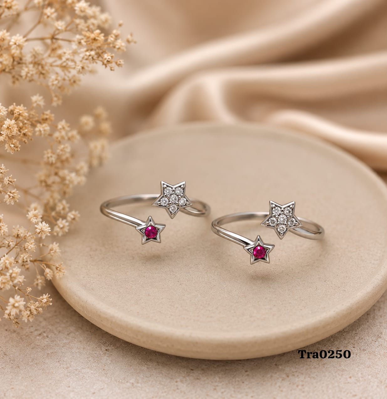 Star-Shaped Centerpiece Silver Toe Rings - Pink Star Accent