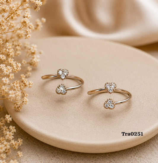 Silver Toe Rings with heart-shaped centerpiece encrusted with three clear, sparkling stones