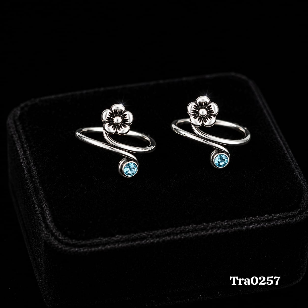 Red Stone Flower Shape Silver Toe Rings