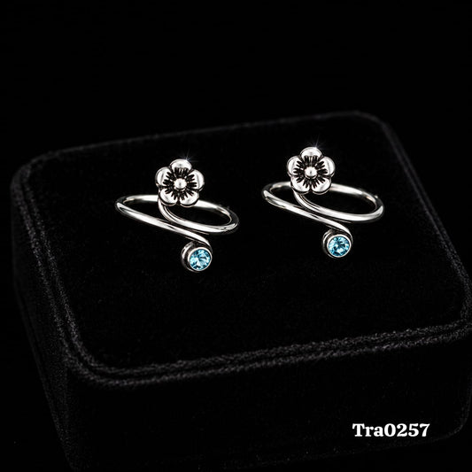 Red Stone Flower Shape Silver Toe Rings