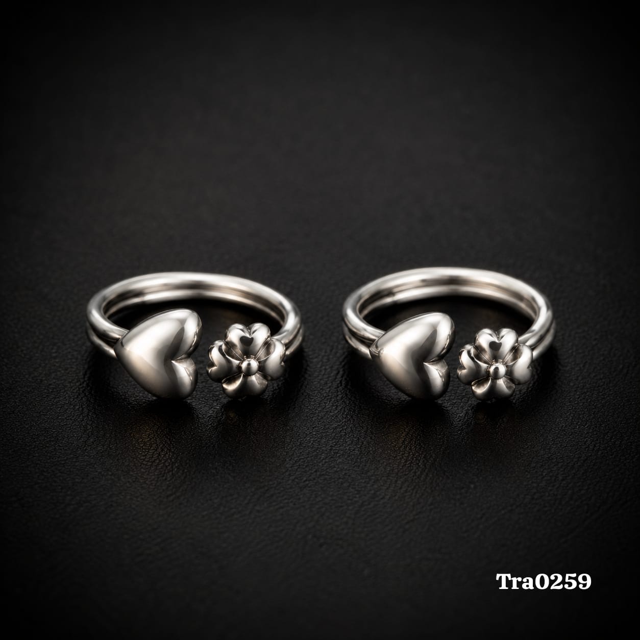 Open Band Silver Toe Rings with Heart & Flower shaped centerpiece