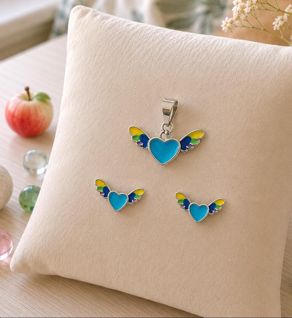 Angel Heart Wings 92.5 Sterling Silver Pendant & Earring Set