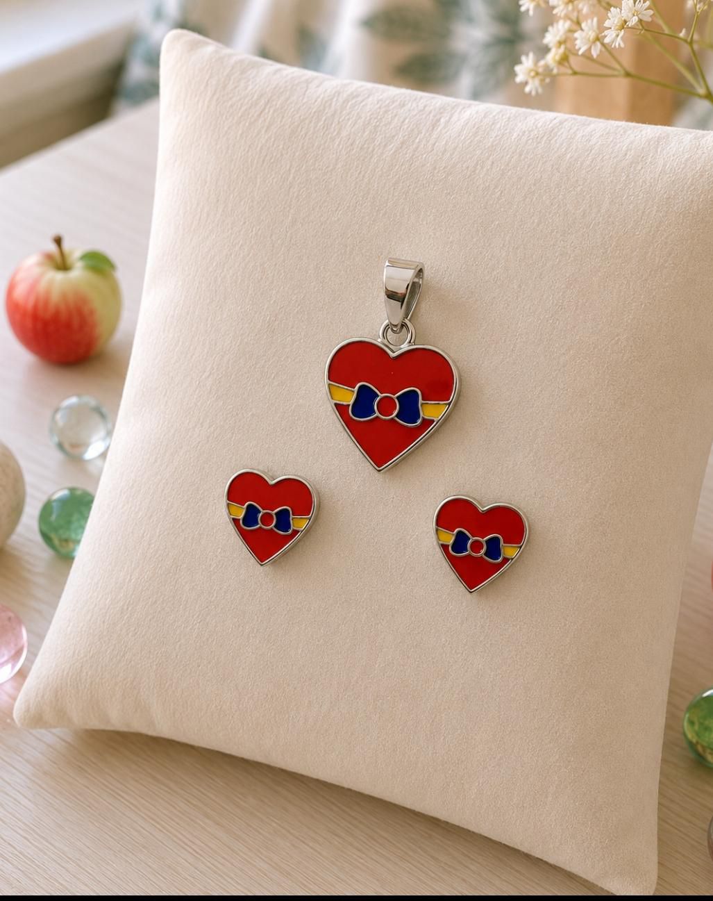 Red Heart Bow 92.5 Sterling Silver Pendant & Earring Set