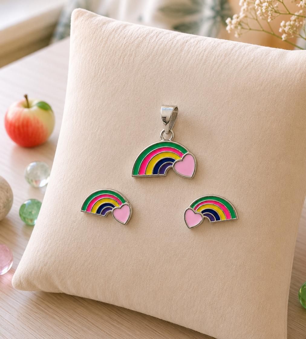 Rainbow Heart 92.5 Sterling Silver Pendant & Earring Set
