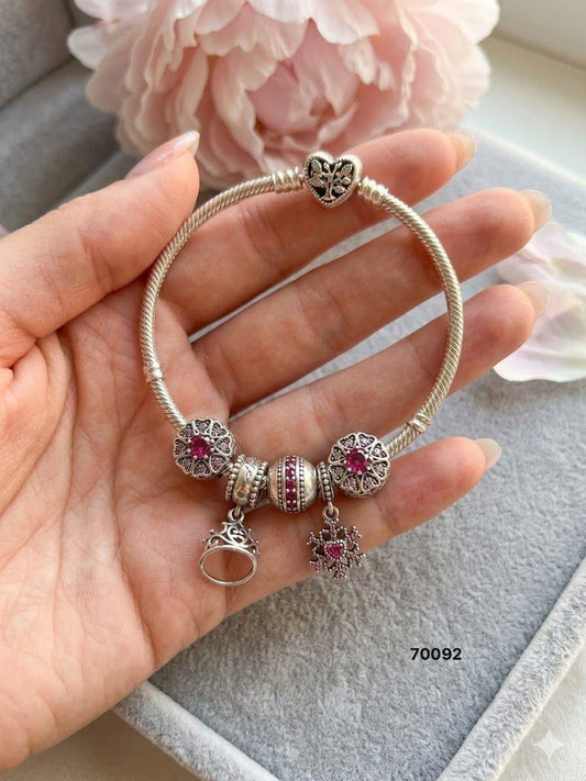 92.5 Sterling Silver Charm Bracelet – Pink Stone snowflake & Tree of Life