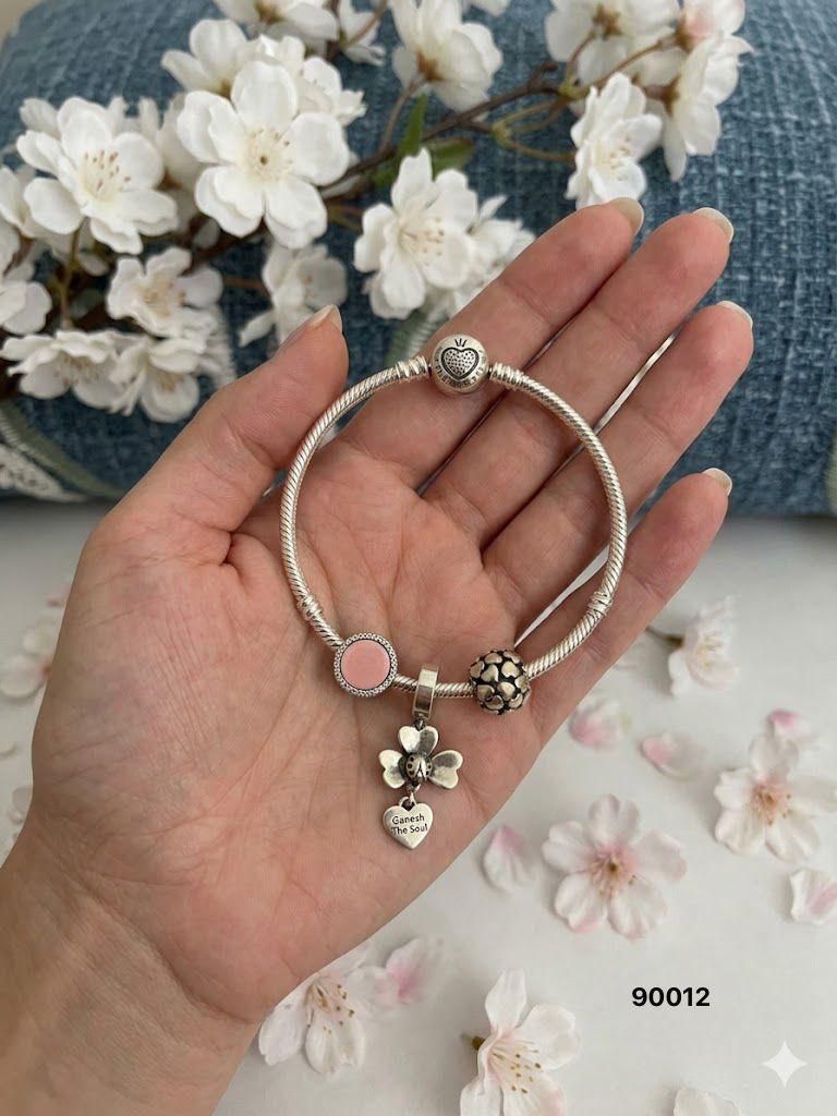 92.5 Sterling Silver Charm Bracelet – Pink Enamel & Floral Dangle