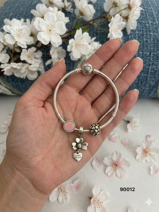 92.5 Sterling Silver Charm Bracelet – Pink Enamel & Floral Dangle