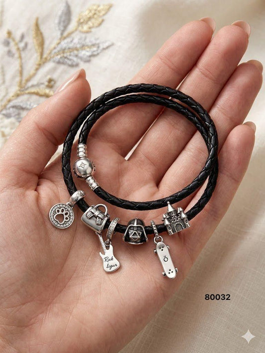 92.5 Sterling Silver & Leather Bracelet – Darth Vader & Guitar Charm