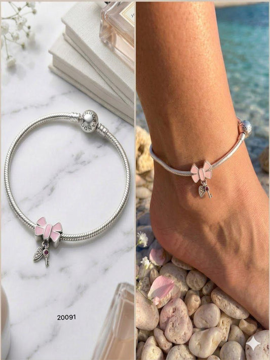 92.5 Sterling Silver Charm Bracelet – Pink Bow & Heart Key