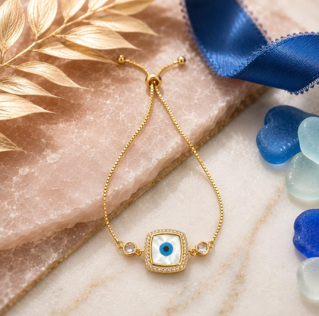 92.5 Sterling Silver Gold-Plated Evil Eye Square Bracelet