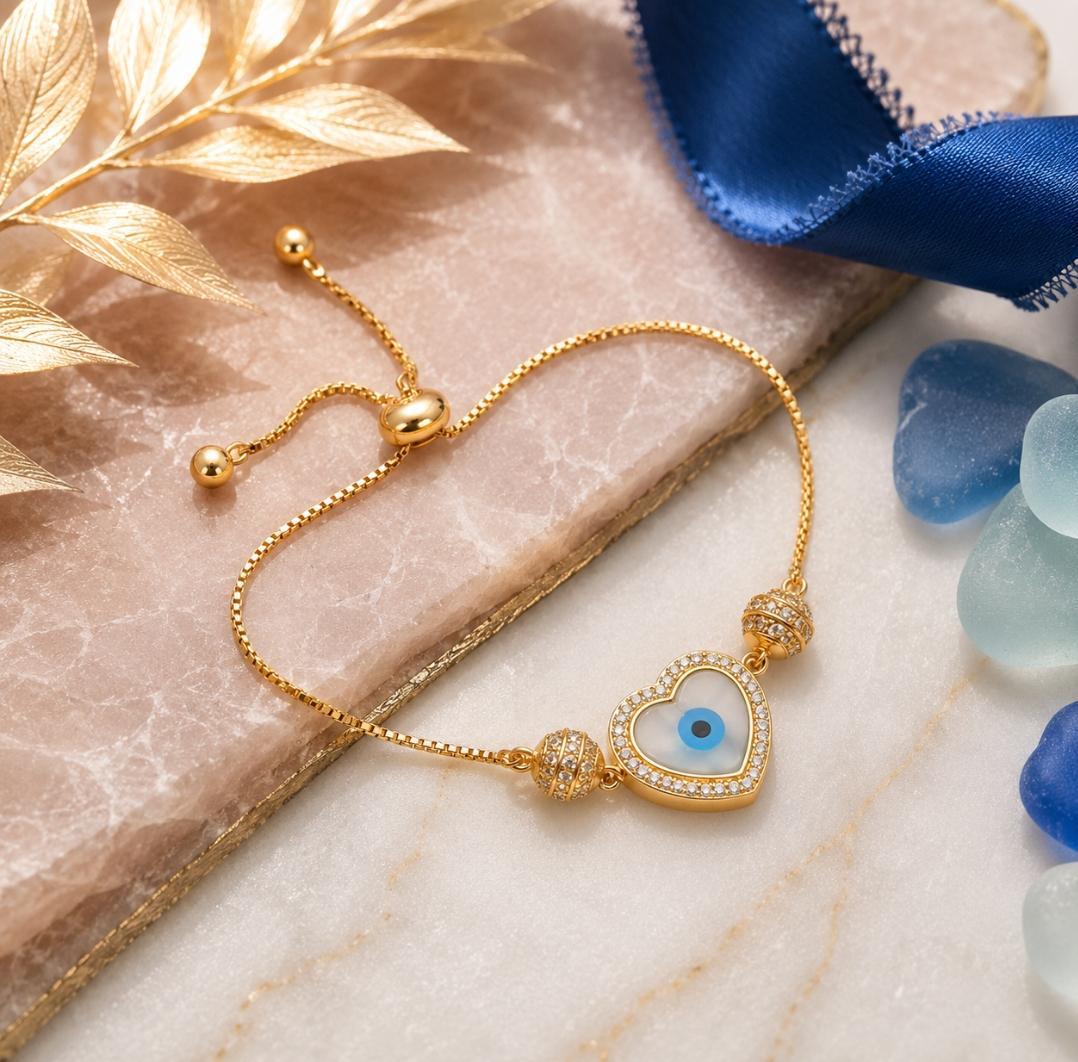 92.5 Sterling Silver Gold-Plated Evil Eye Heart Bracelet