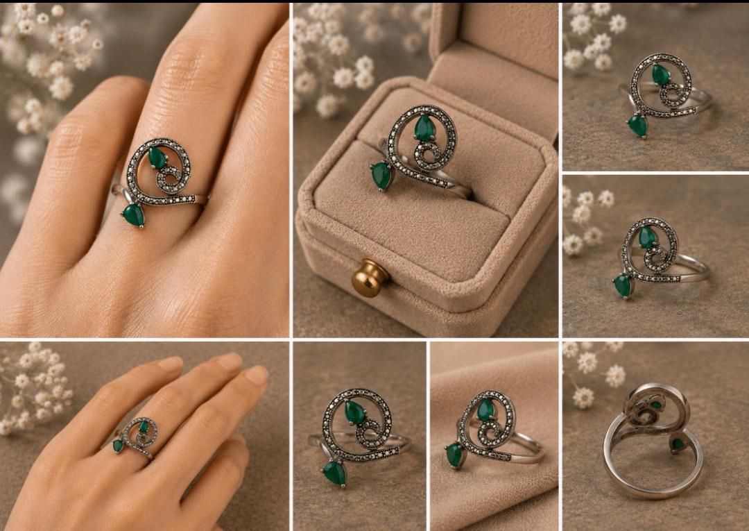 Swirl Marcasite & Green Stone Ring