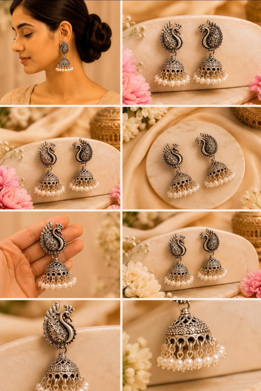 Peacock Design 92.5 Sterling Silver Pearl Jhumka Earrings