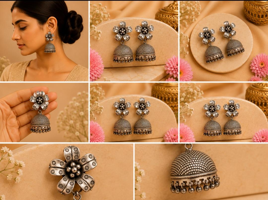 92.5 Sterling Silver Floral Dome Jhumki Earrings