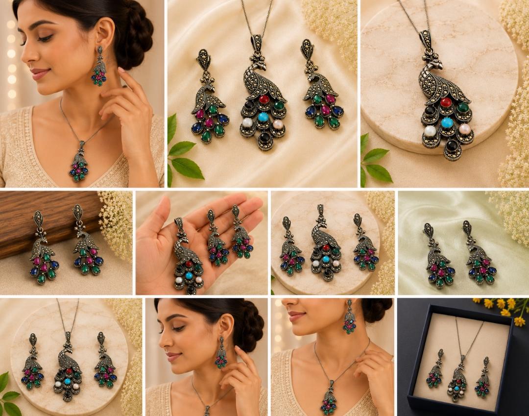 Vibrant Navratna-Style 92.5 Sterling Silver Peacock Set
