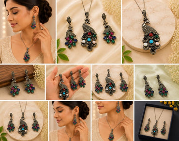 Vibrant Navratna-Style 92.5 Sterling Silver Peacock Set