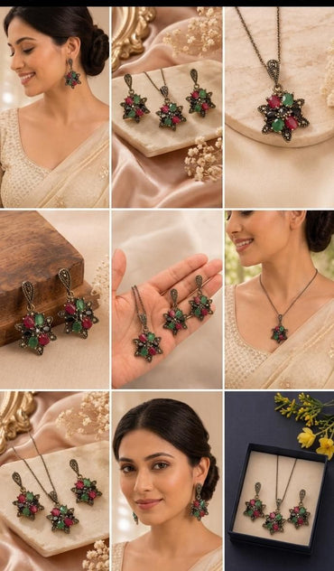 Navratna Floral Pendant Set