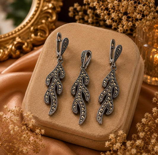 Marcasite Delicate Leaf Branch Pendant Set