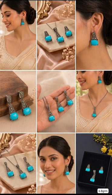 Turquoise & Marcasite Tapered Pendant Set