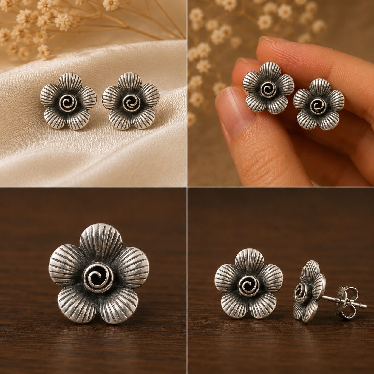 92.5 Silver Lined Swirl Flower Studs