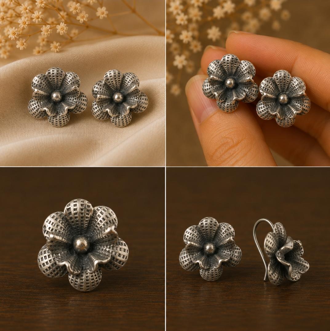 92.5 Silver Mesh Flower Earrings