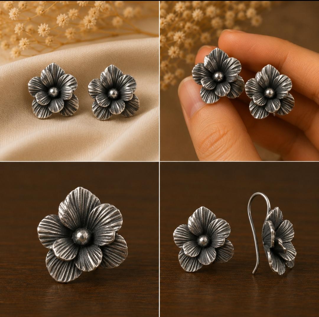 92.5 Silver Textured Layered Flower Earrings