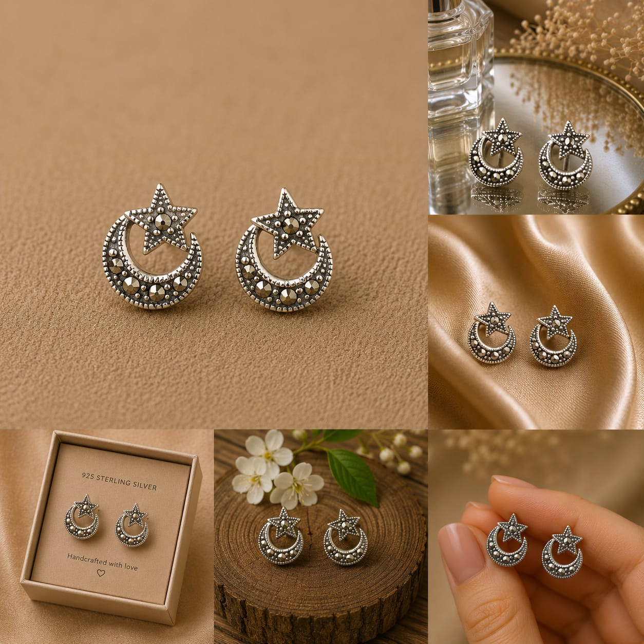 Silver Crescent & Star Studs