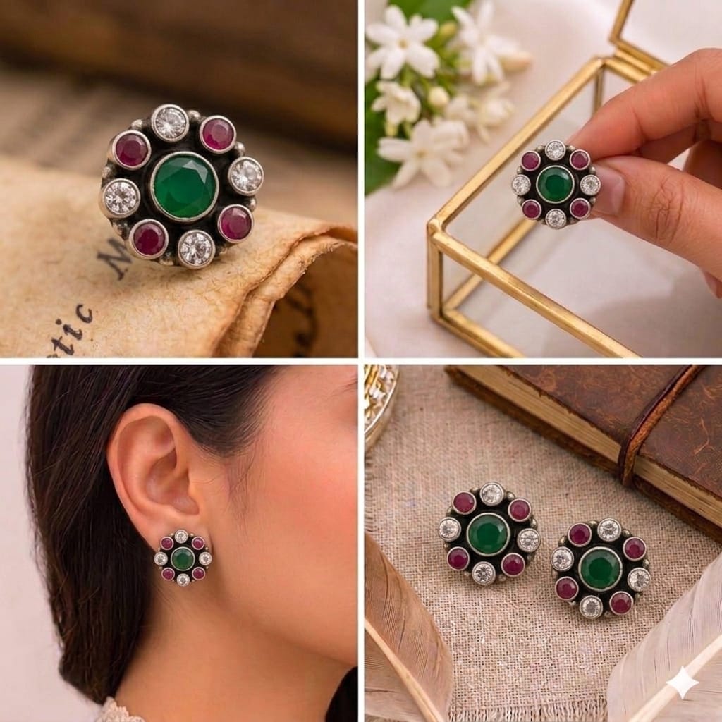 92.5 Sterling Silver Emerald & Ruby Studs