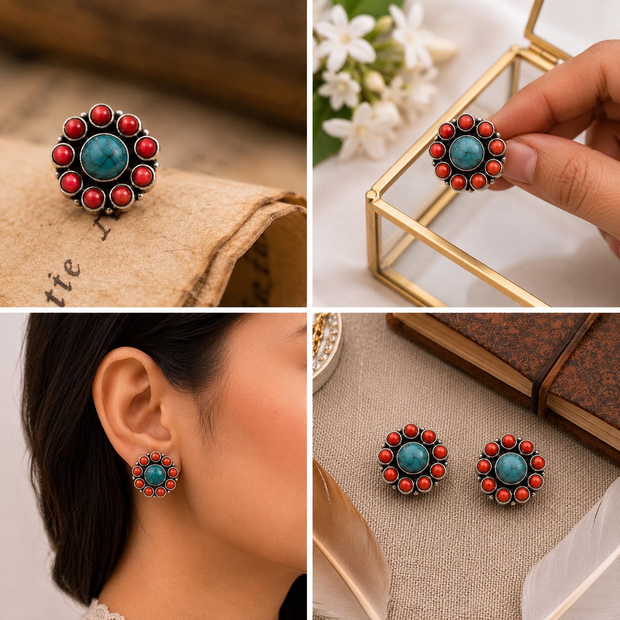 92.5 Sterling Silver Turquoise & Coral Studs