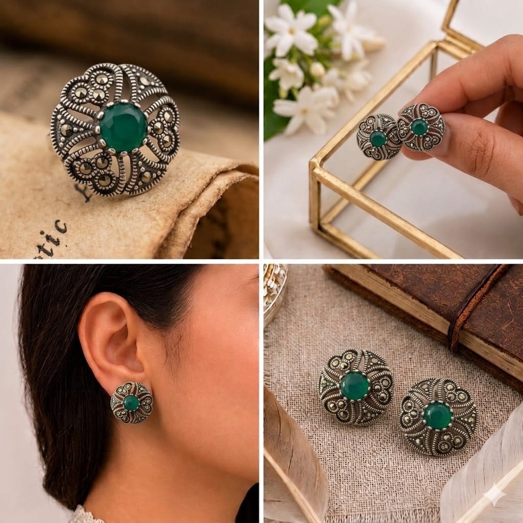 Sterling Silver Green Stone & Marcasite Studs