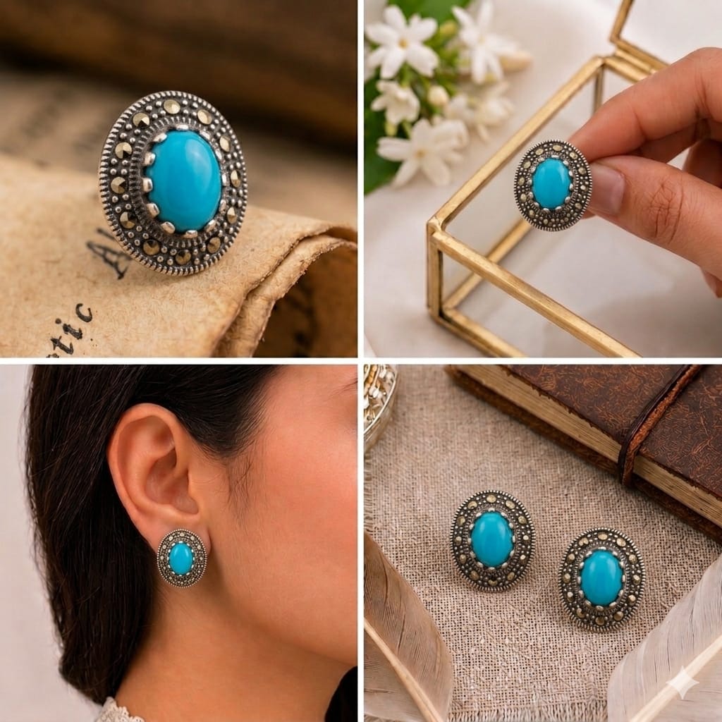 Sterling Silver Turquoise & Marcasite Studs