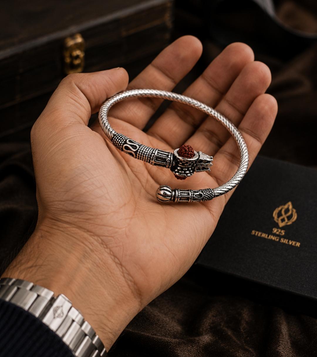 92.5 Sterling Silver Spiritual Unisex Trishul and Rudraksha Kada