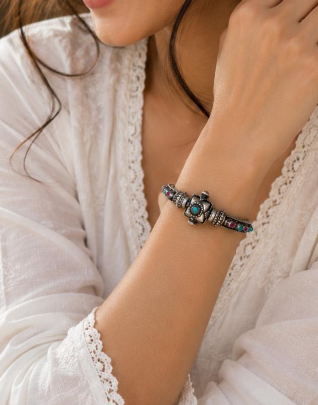 Ornate Stone-Studded 92.5 Sterling Silver Kada