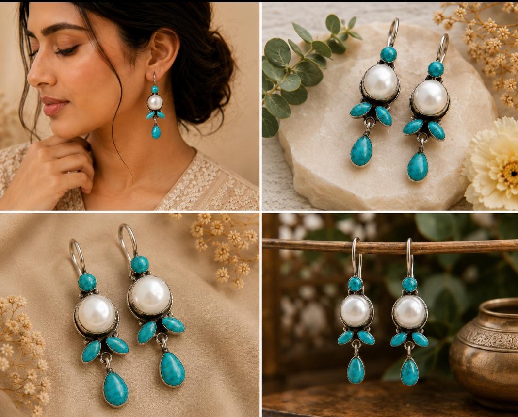 Turquoise & Pearl Silver Drops