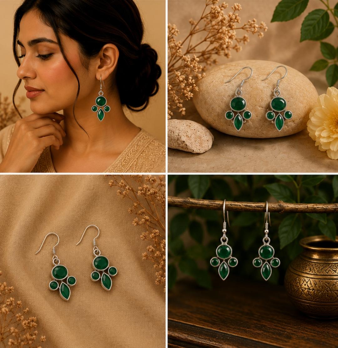 Silver Green Emerald Earrings