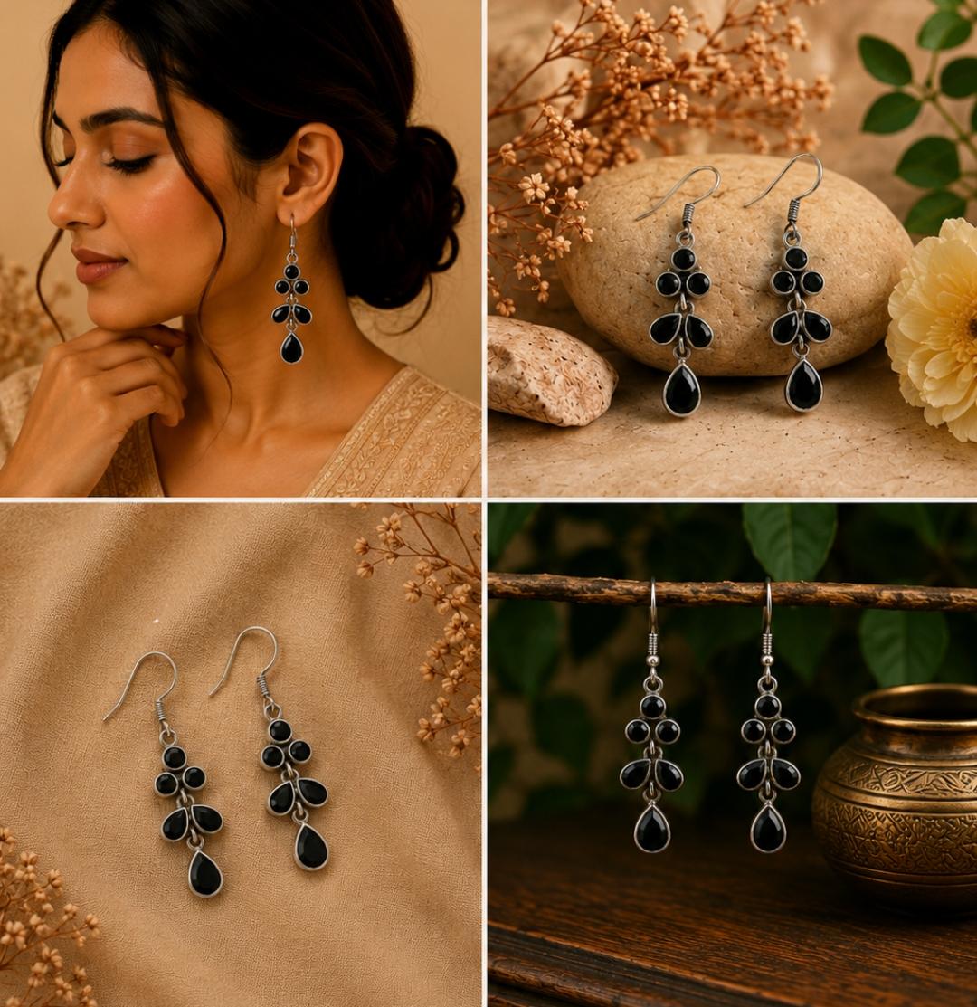 Silver Black Spinel Tiered Earrings
