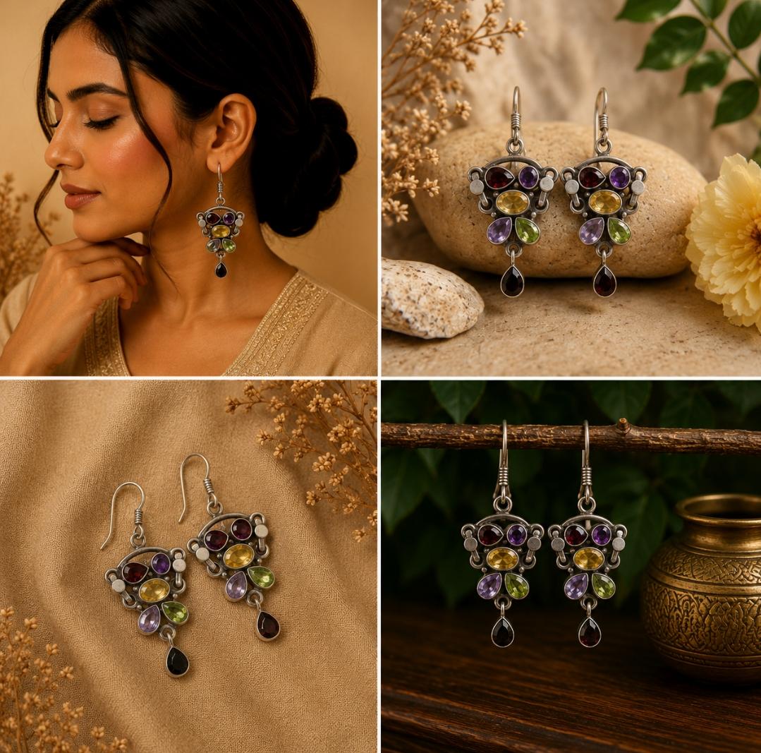 Silver Navratna-Style Chandelier Earrings