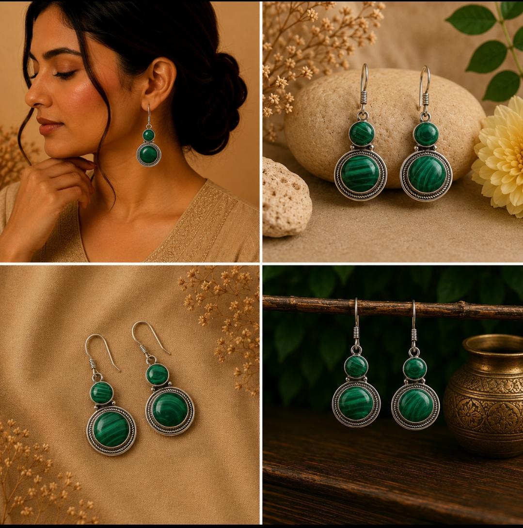 Silver Malachite Double Round Earrings