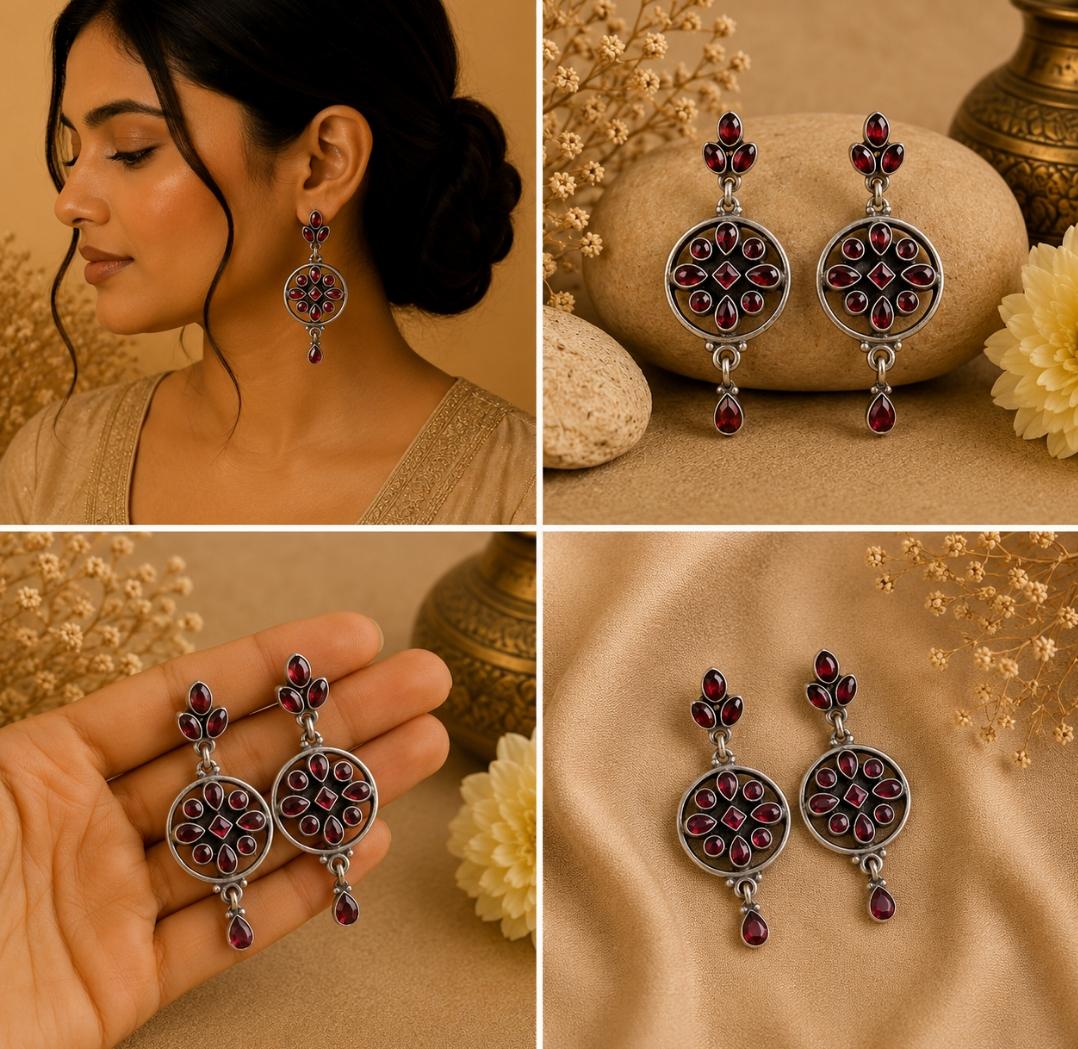 Silver Ruby Wheel Drop Earrings