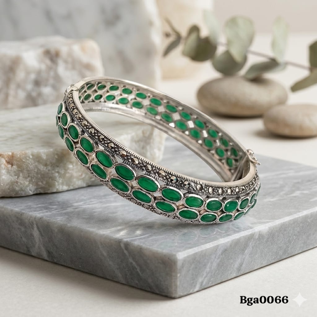 Dual-Row Green Stone and Marcasite Bangle