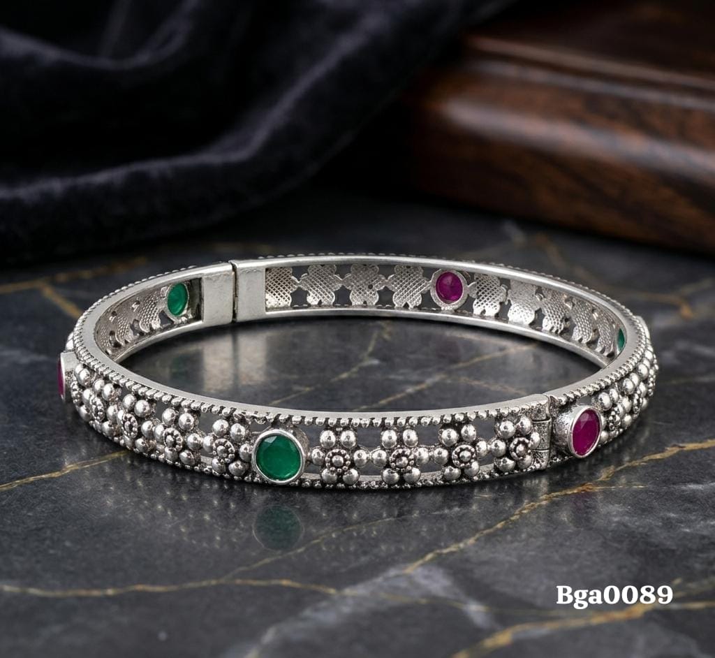 Floral Pattern Bangle with Colored Stones