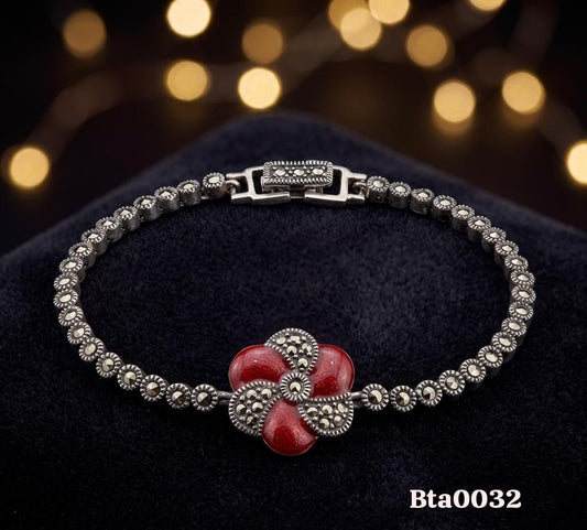 Elegant Floral Red Gemstone Marcasite Bracelet