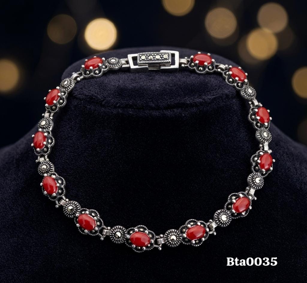 Elegant Oval Red Gemstone Marcasite Bracelet