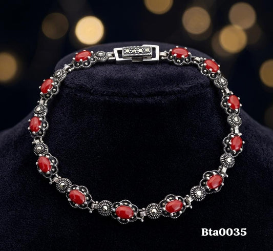 Elegant Oval Red Gemstone Marcasite Bracelet
