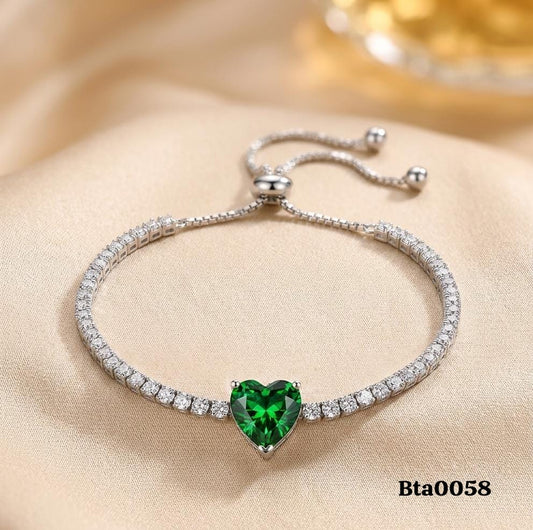Elegant Heart Green Stone Sterling Silver Bracelet