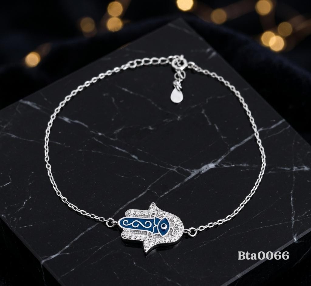 Hamsa Hand Blue Enamel Sterling Silver Bracelet