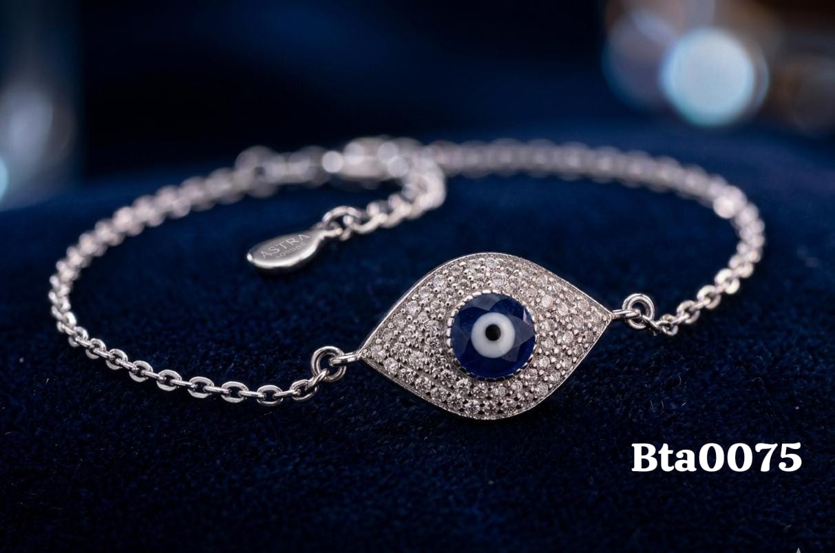Elegant CZ Pave Navy Evil Eye Bracelet with Brand Tag Charm